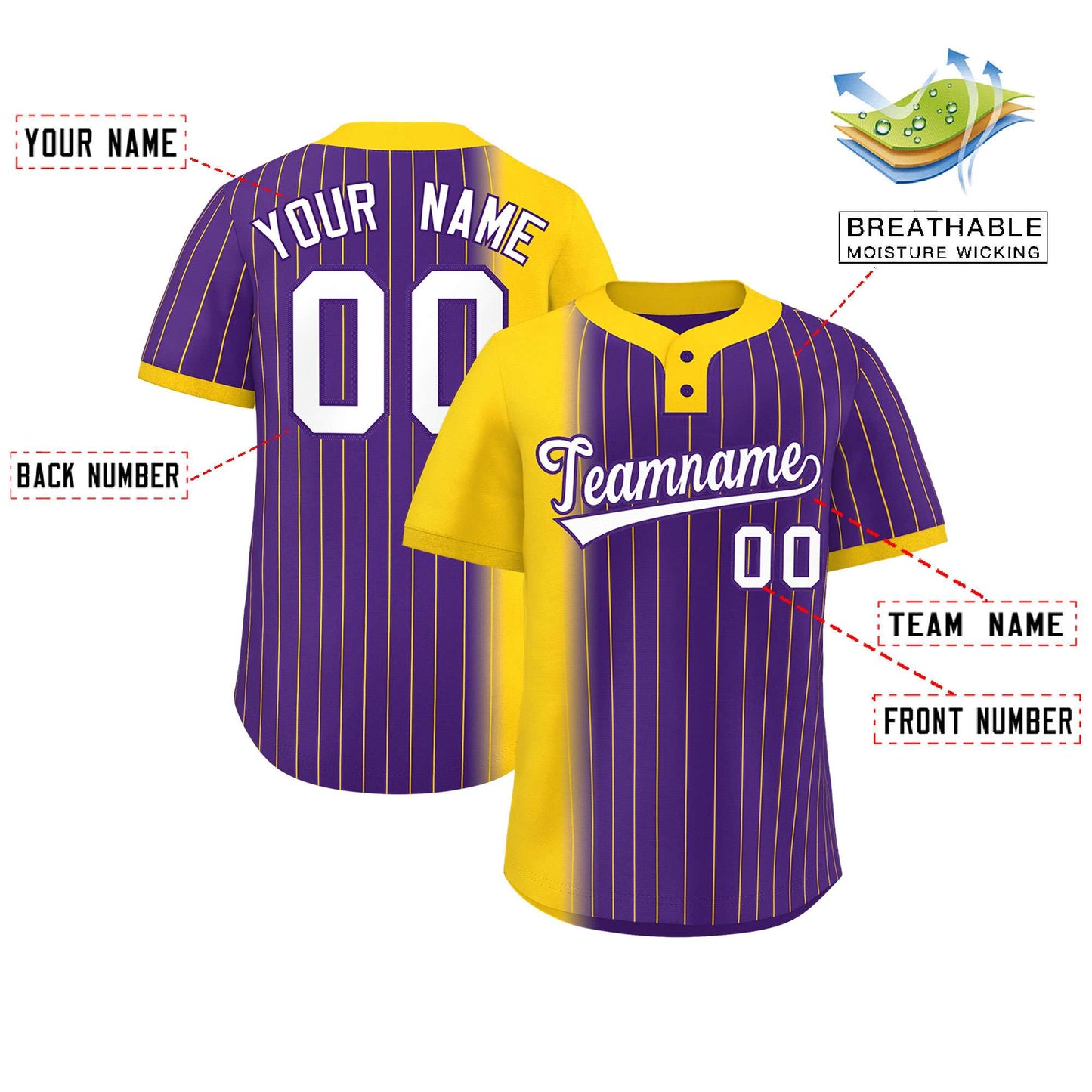 Custom Gold Purple Gradient Stripe Fashion Authentic Two-Button Baseball Jersey