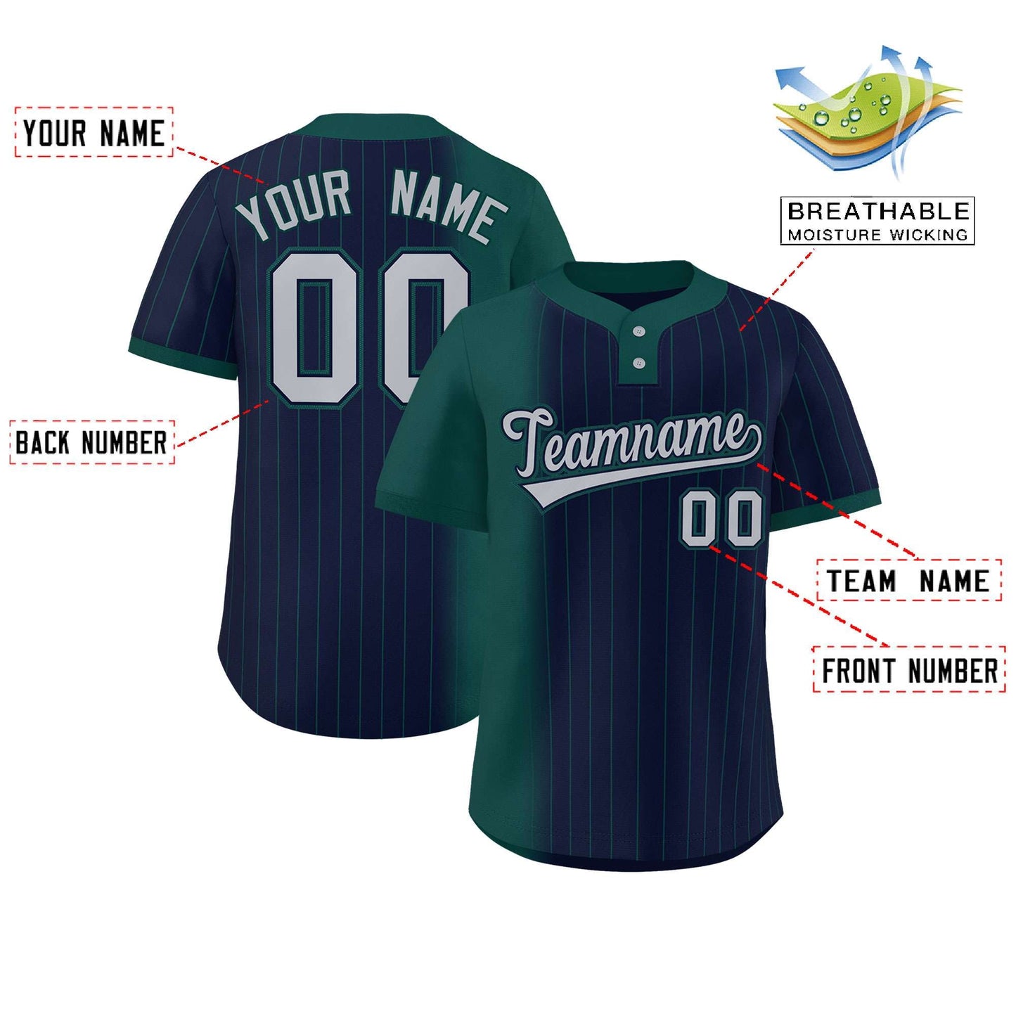 Custom Midnight Green Navy Gradient Stripe Fashion Authentic Two-Button Baseball Jersey