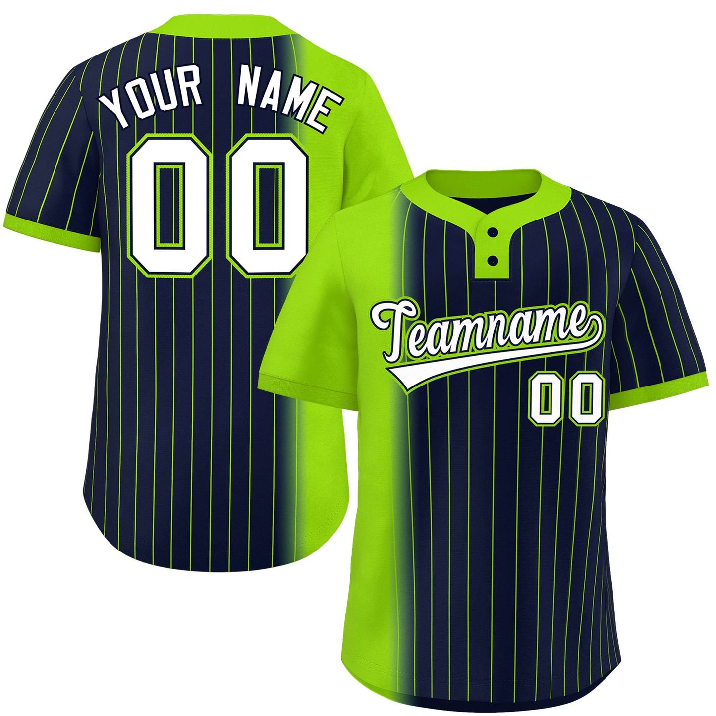 Custom Neon Green Navy Gradient Stripe Fashion Authentic Two-Button Baseball Jersey