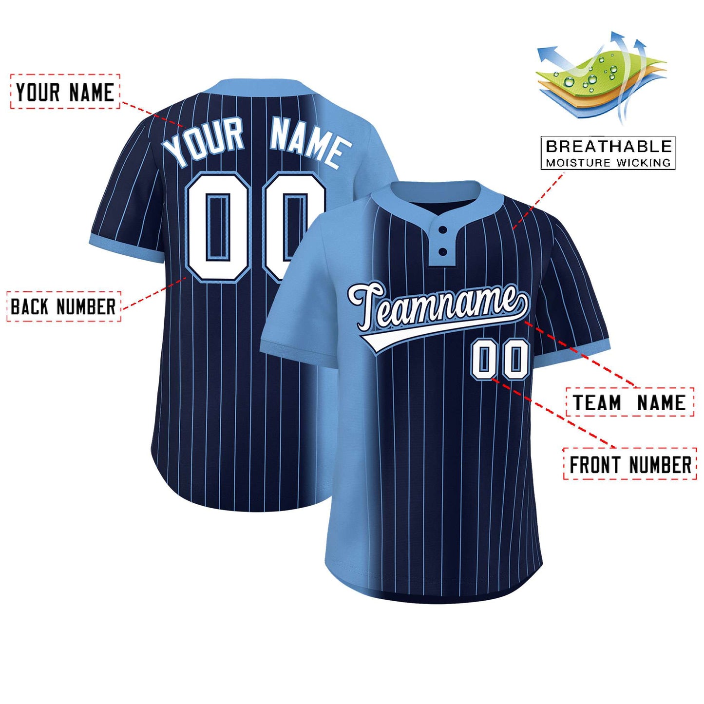 Custom Light Blue Navy Gradient Stripe Fashion Authentic Two-Button Baseball Jersey