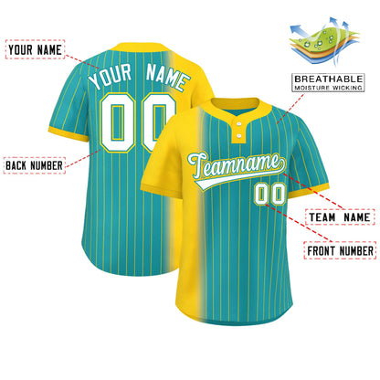 Custom Gold Aqua Gradient Stripe Fashion Authentic Two-Button Baseball Jersey