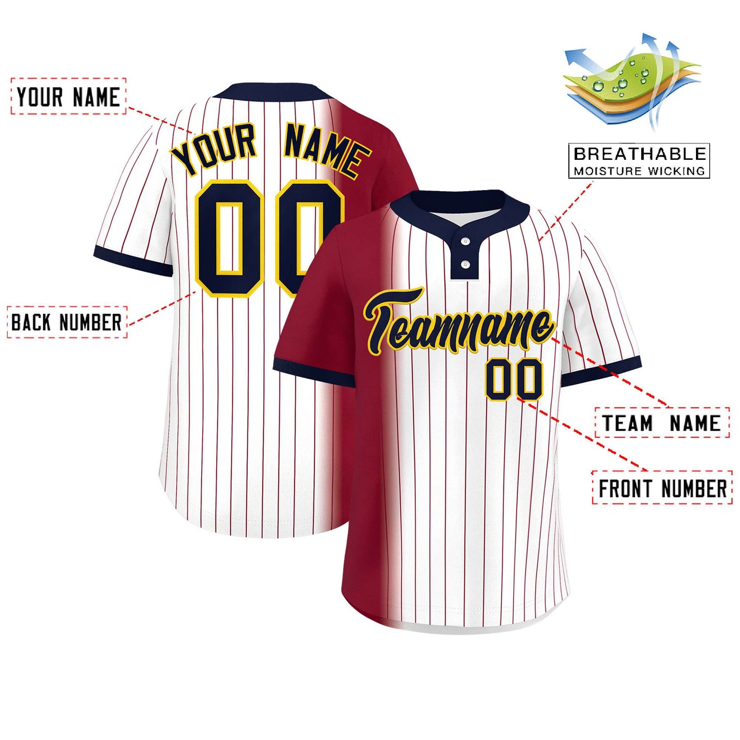 Custom Crimson White-Navy Gradient Stripe Fashion Authentic Two-Button Baseball Jersey