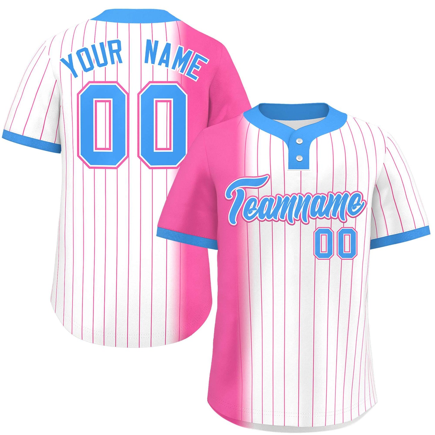 Custom Pink White-Powder Blue Gradient Stripe Fashion Authentic Two-Button Baseball Jersey