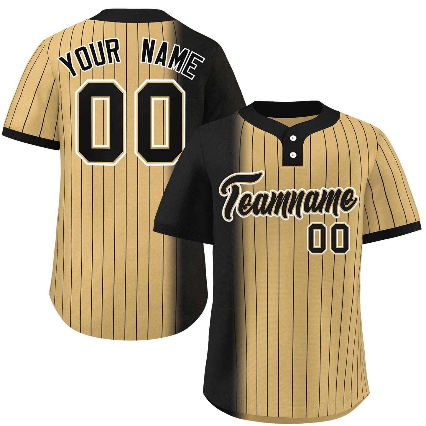 Custom Black Old Gold Gradient Stripe Fashion Authentic Two-Button Baseball Jersey