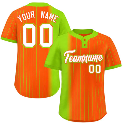 Custom Neon Green Orange Gradient Stripe Fashion Authentic Two-Button Baseball Jersey