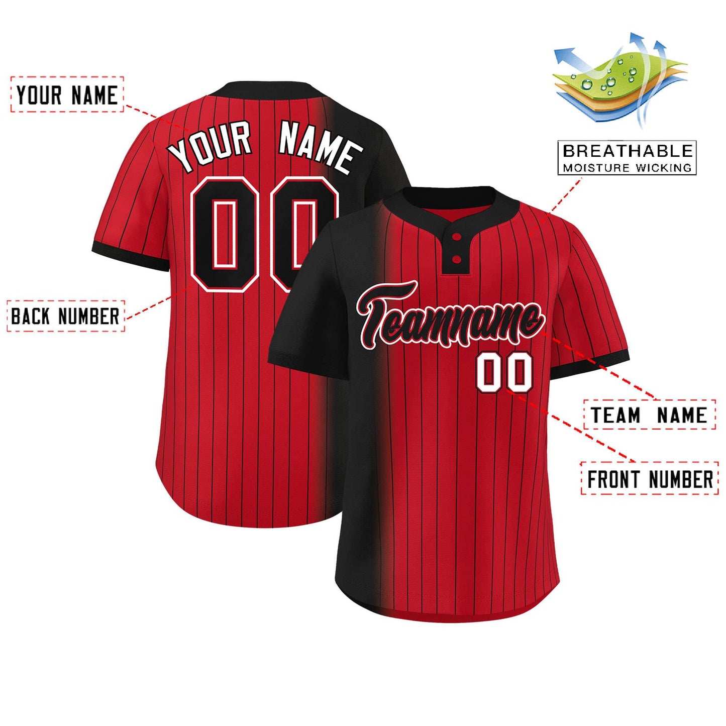 Custom Black Red Gradient Stripe Fashion Authentic Two-Button Baseball Jersey