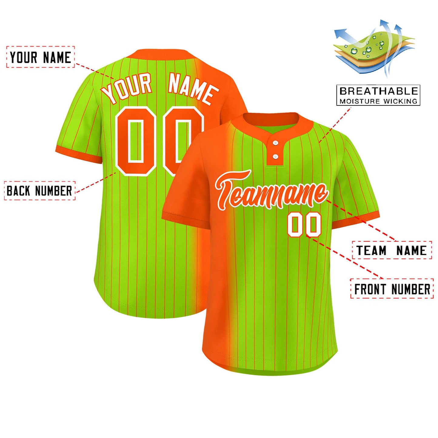 Custom Orange Neon Green Gradient Stripe Fashion Authentic Two-Button Baseball Jersey