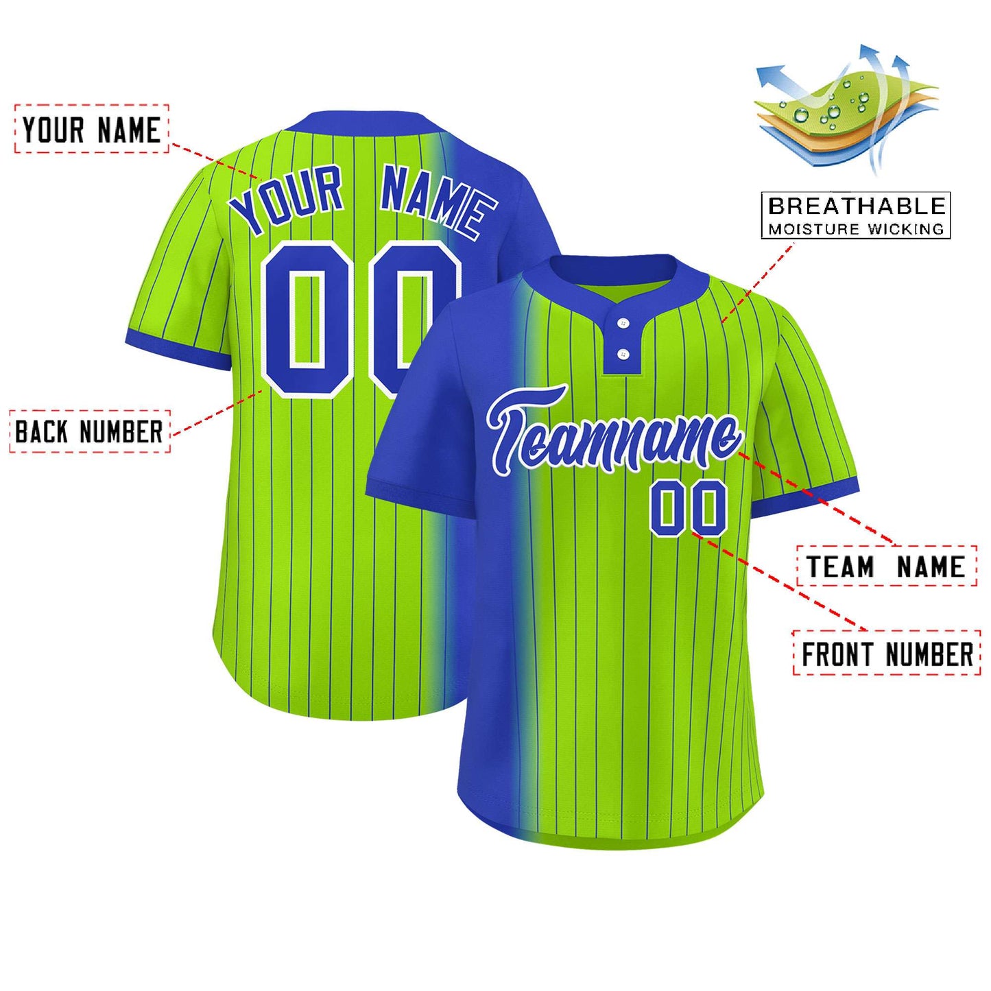 Custom Royal Neon Green Gradient Stripe Fashion Authentic Two-Button Baseball Jersey