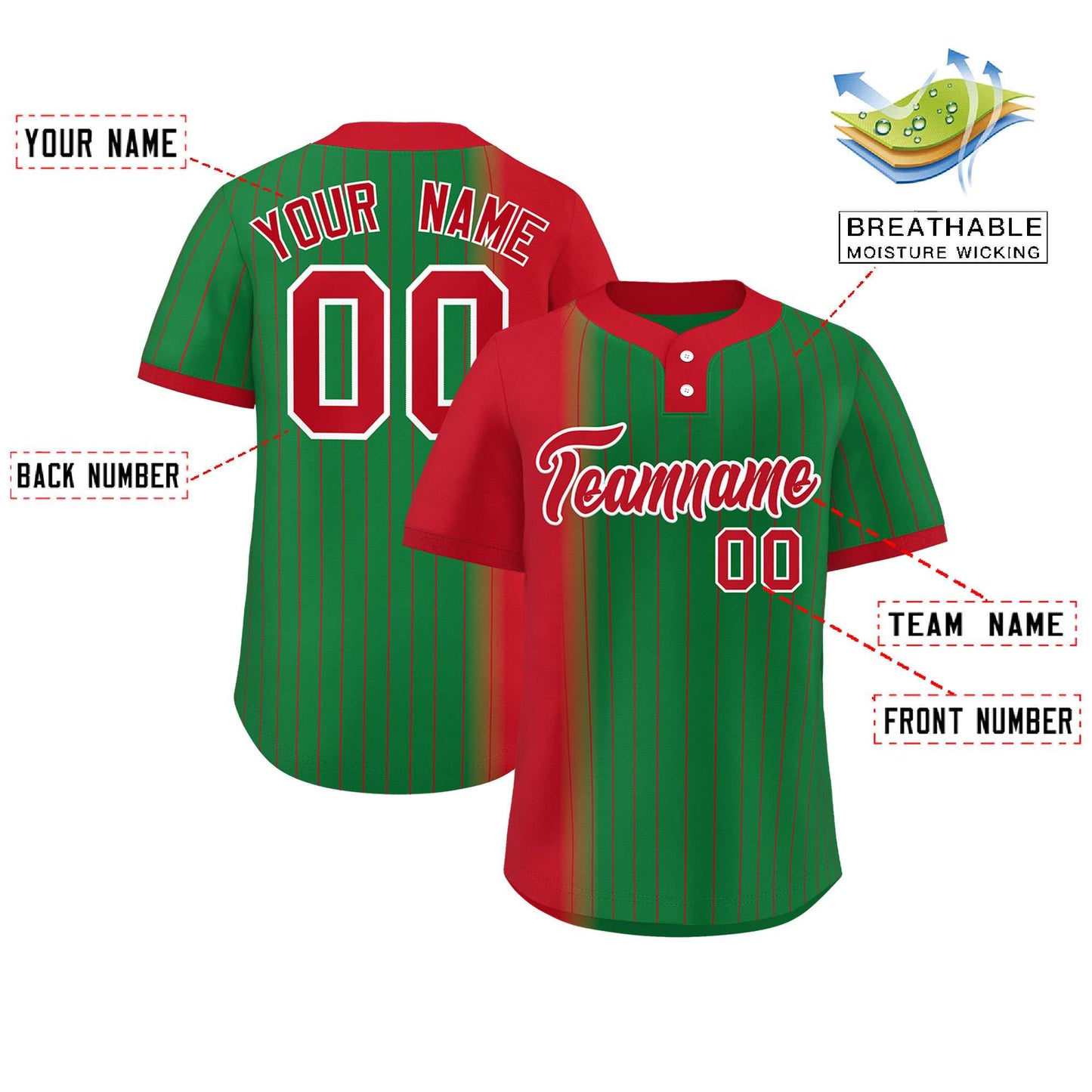 Custom Red Kelly Green Gradient Stripe Fashion Authentic Two-Button Baseball Jersey