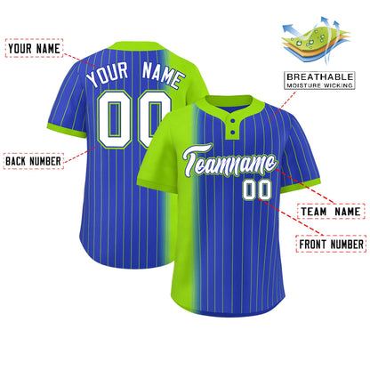 Custom Neon Green Royal Gradient Stripe Fashion Authentic Two-Button Baseball Jersey