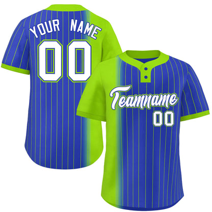 Custom Neon Green Royal Gradient Stripe Fashion Authentic Two-Button Baseball Jersey