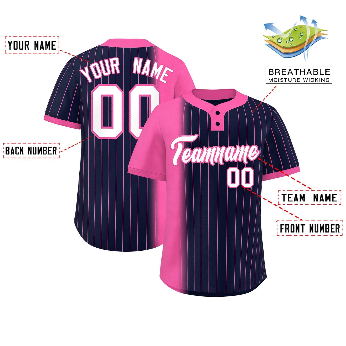 Custom Pink Navy Gradient Stripe Fashion Authentic Two-Button Baseball Jersey