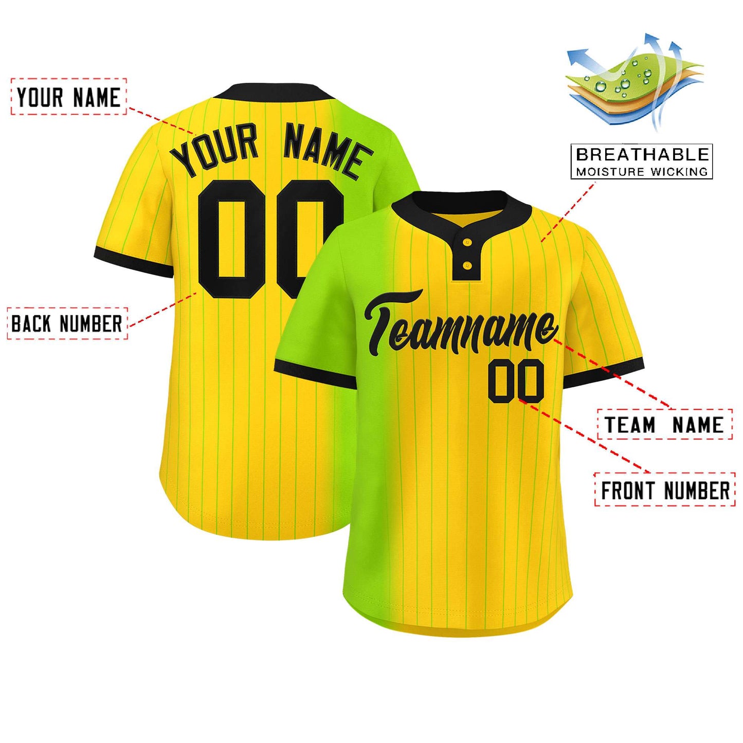 Custom Neon Green Gold Gradient Stripe Fashion Authentic Two-Button Baseball Jersey