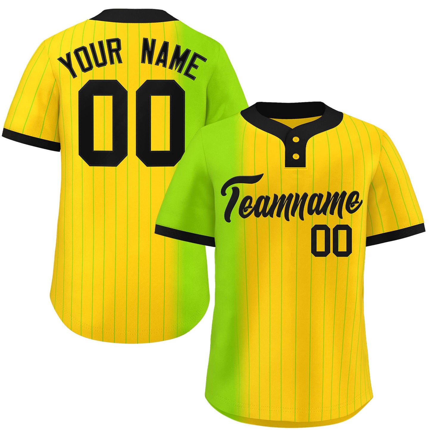 Custom Neon Green Gold Gradient Stripe Fashion Authentic Two-Button Baseball Jersey