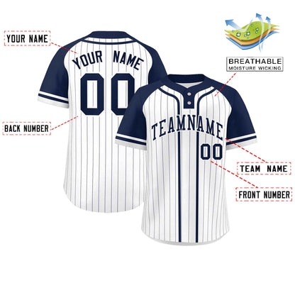 Custom White Navy Stripe Fashion Raglan Sleeves Authentic Two-Button Baseball Jersey