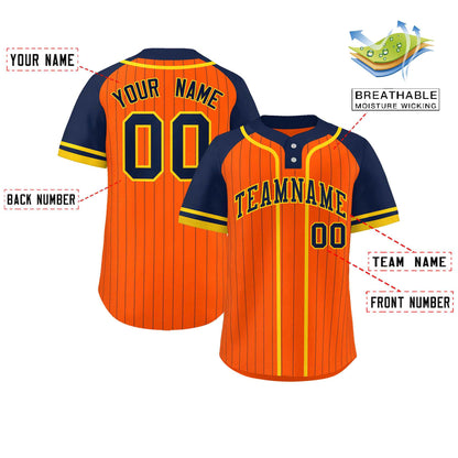 Custom Orange Navy-Gold Stripe Fashion Raglan Sleeves Authentic Two-Button Baseball Jersey