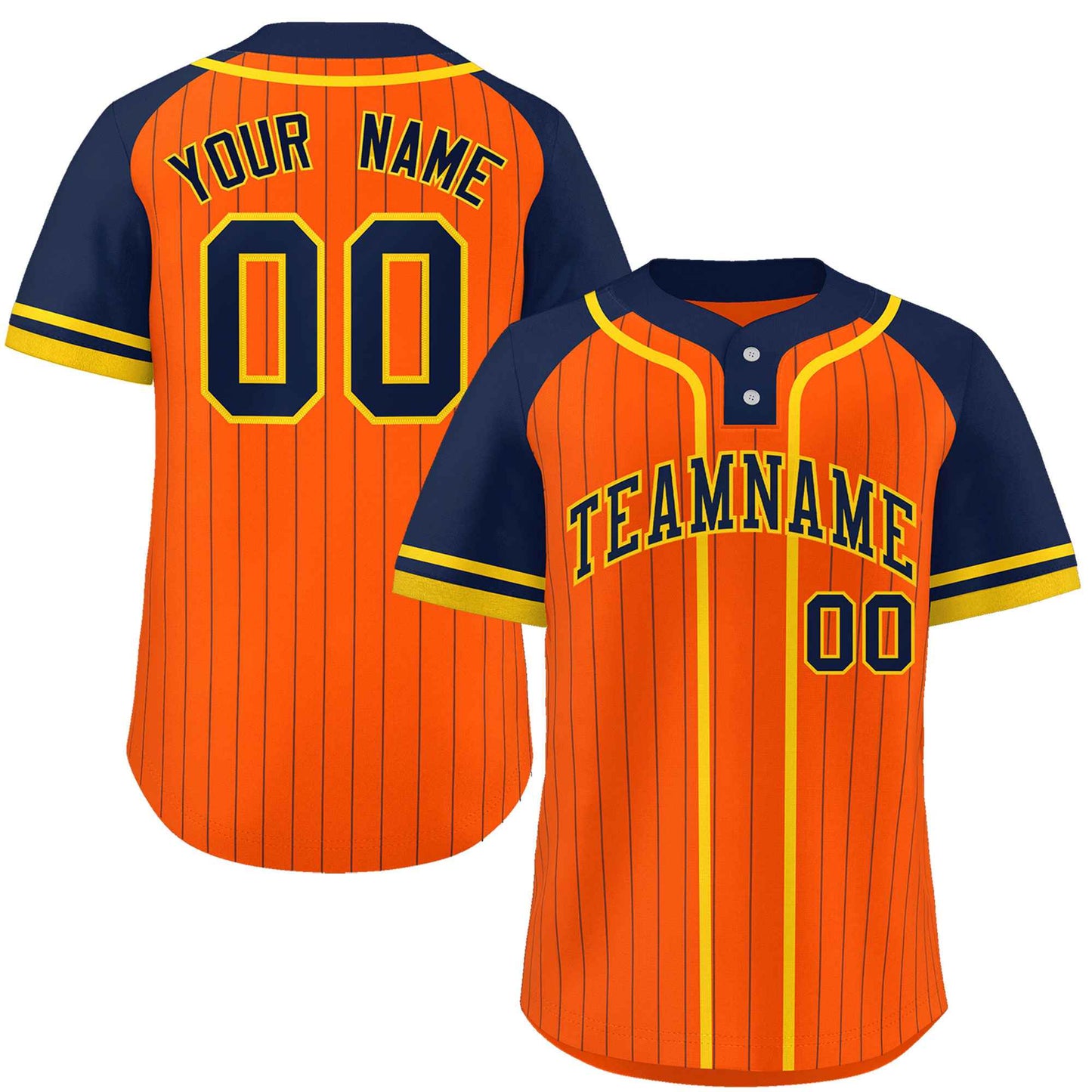 Custom Orange Navy-Gold Stripe Fashion Raglan Sleeves Authentic Two-Button Baseball Jersey