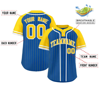 Custom Royal Gold-White Stripe Fashion Raglan Sleeves Authentic Two-Button Baseball Jersey