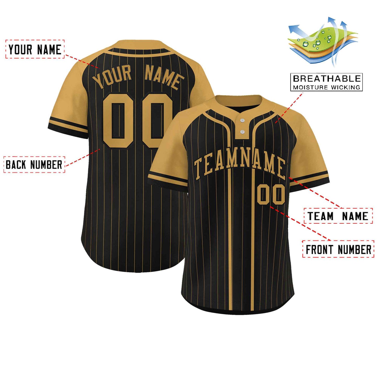 Custom Black Old Gold Stripe Fashion Raglan Sleeves Authentic Two-Button Baseball Jersey