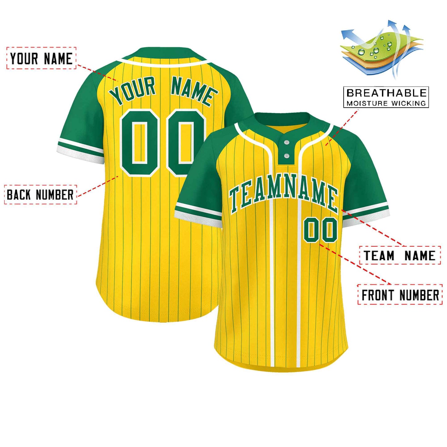 Custom Gold Kelly Green-White Stripe Fashion Raglan Sleeves Authentic Two-Button Baseball Jersey