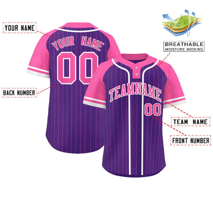 Custom Purple Pink-White Stripe Fashion Raglan Sleeves Authentic Two-Button Baseball Jersey