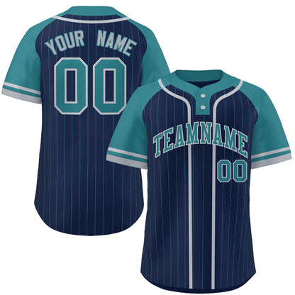 Custom Navy Aqua-Gray Stripe Fashion Raglan Sleeves Authentic Two-Button Baseball Jersey