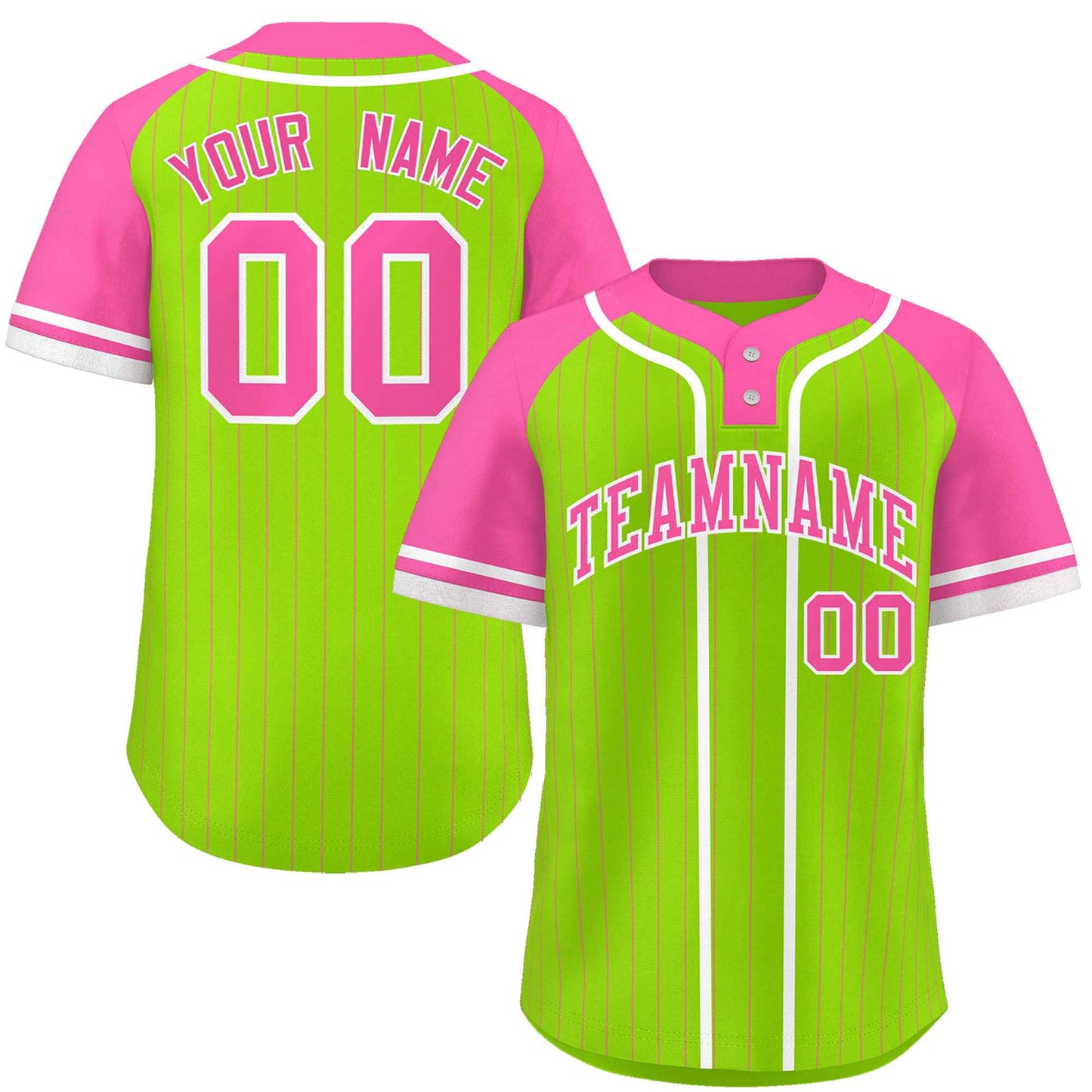 Custom Neon Green Pink-White Stripe Fashion Raglan Sleeves Authentic Two-Button Baseball Jersey