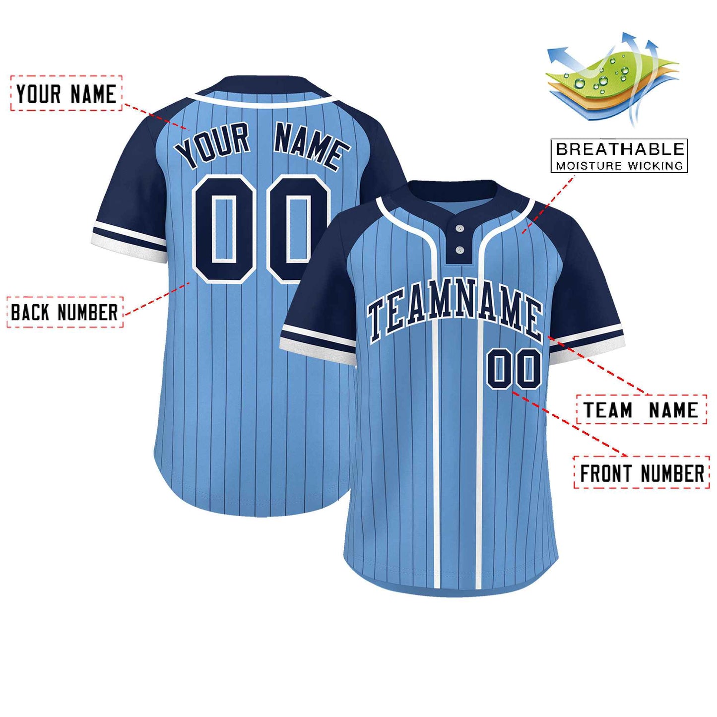 Custom Light Blue Navy-White Stripe Fashion Raglan Sleeves Authentic Two-Button Baseball Jersey