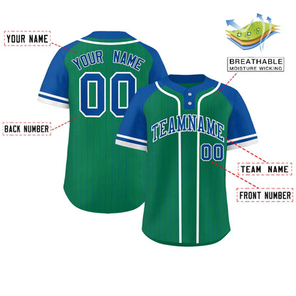 Custom Kelly Green Royal-White Stripe Fashion Raglan Sleeves Authentic Two-Button Baseball Jersey