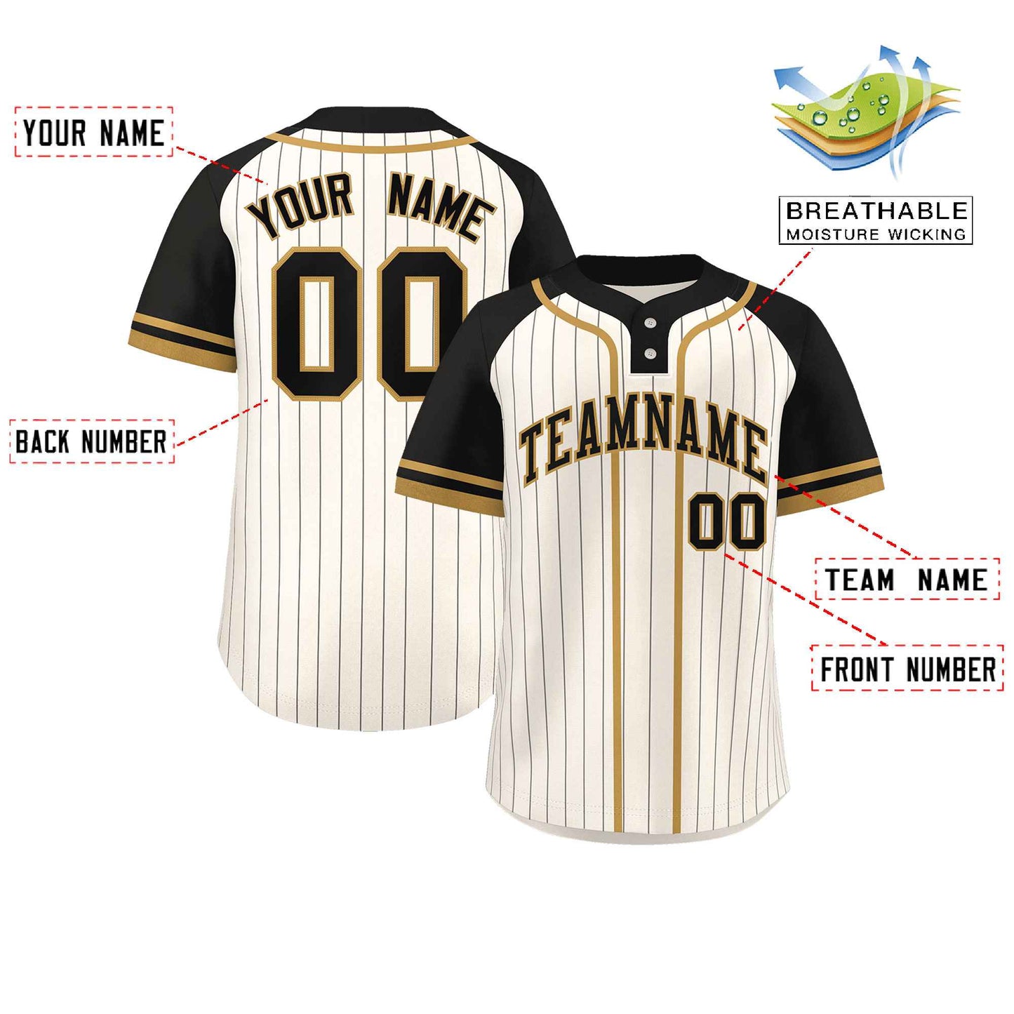 Custom Cream Black-Old Gold Stripe Fashion Raglan Sleeves Authentic Two-Button Baseball Jersey