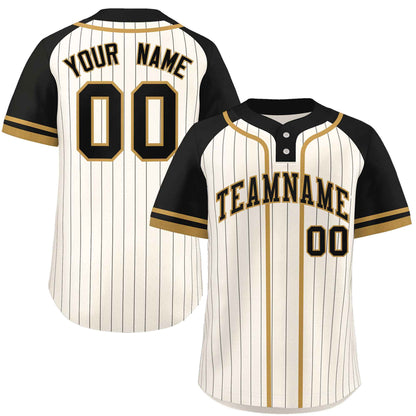 Custom Cream Black-Old Gold Stripe Fashion Raglan Sleeves Authentic Two-Button Baseball Jersey