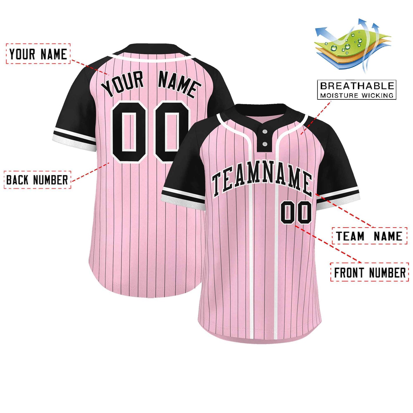 Custom Light Pink Black-White Stripe Fashion Raglan Sleeves Authentic Two-Button Baseball Jersey