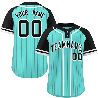 Custom Aqua Black-White Stripe Fashion Raglan Sleeves Authentic Two-Button Baseball Jersey