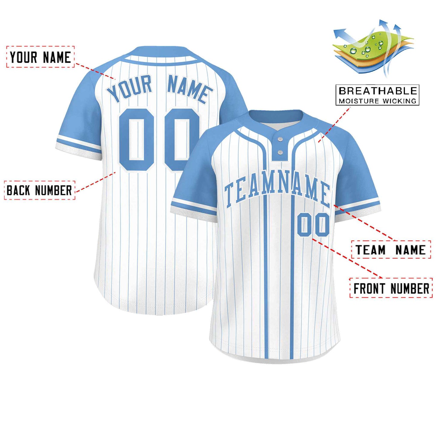 Custom White Light Blue Stripe Fashion Raglan Sleeves Authentic Two-Button Baseball Jersey