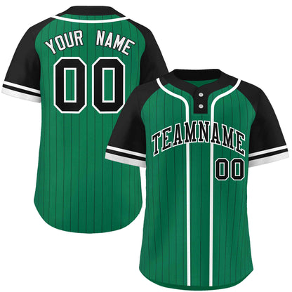 Custom Kelly Green Black-White Stripe Fashion Raglan Sleeves Authentic Two-Button Baseball Jersey