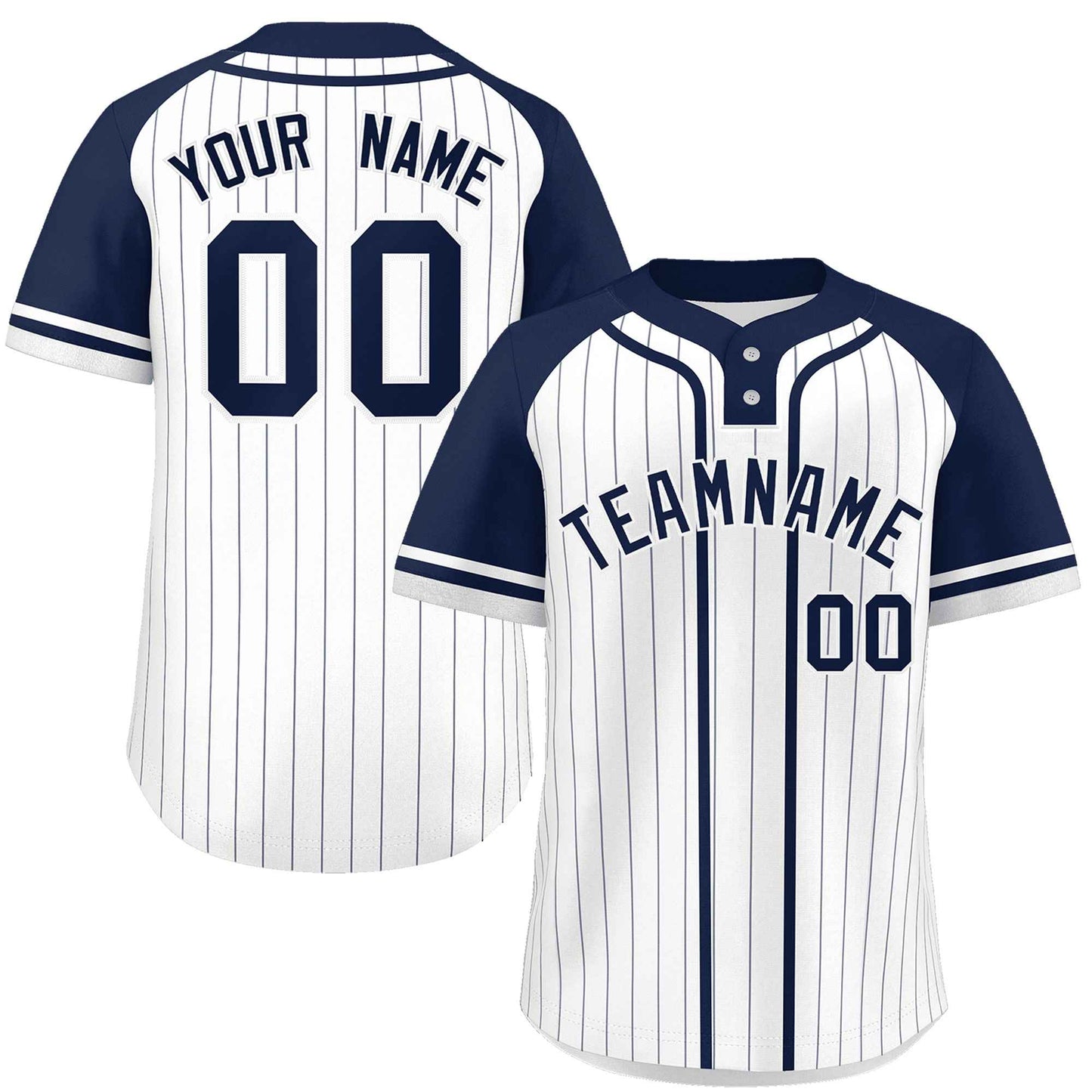 Custom White Navy Stripe Fashion Raglan Sleeves Authentic Two-Button Baseball Jersey