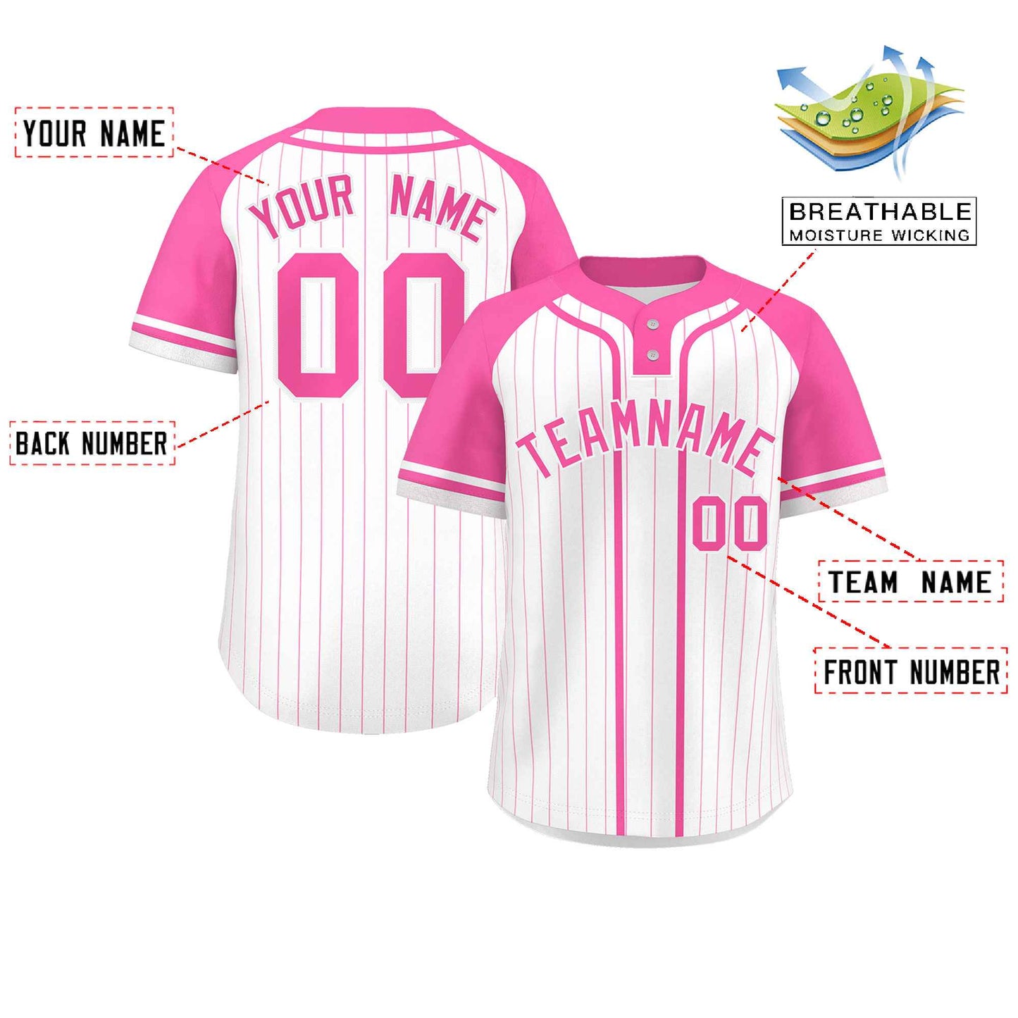 Custom White Pink Stripe Fashion Raglan Sleeves Authentic Two-Button Baseball Jersey