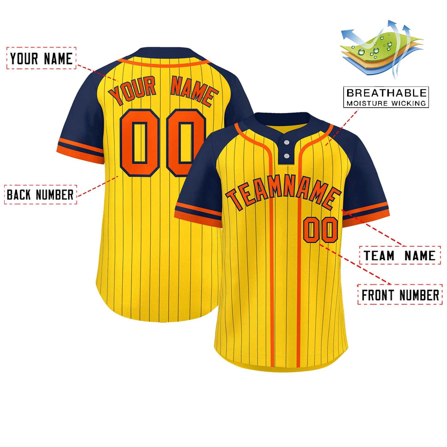 Custom Gold Navy-Orange Stripe Fashion Raglan Sleeves Authentic Two-Button Baseball Jersey