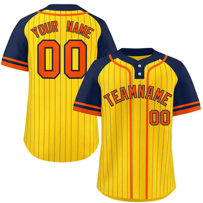 Custom Gold Navy-Orange Stripe Fashion Raglan Sleeves Authentic Two-Button Baseball Jersey