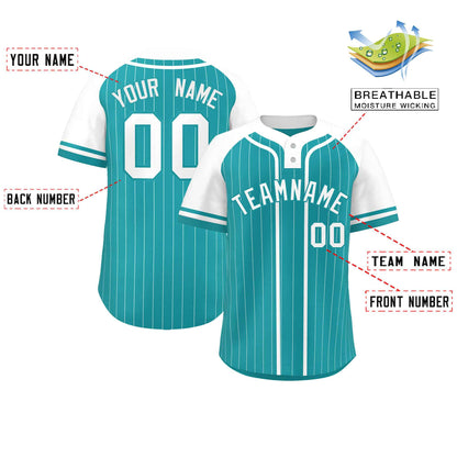 Custom Aqua White Stripe Fashion Raglan Sleeves Authentic Two-Button Baseball Jersey