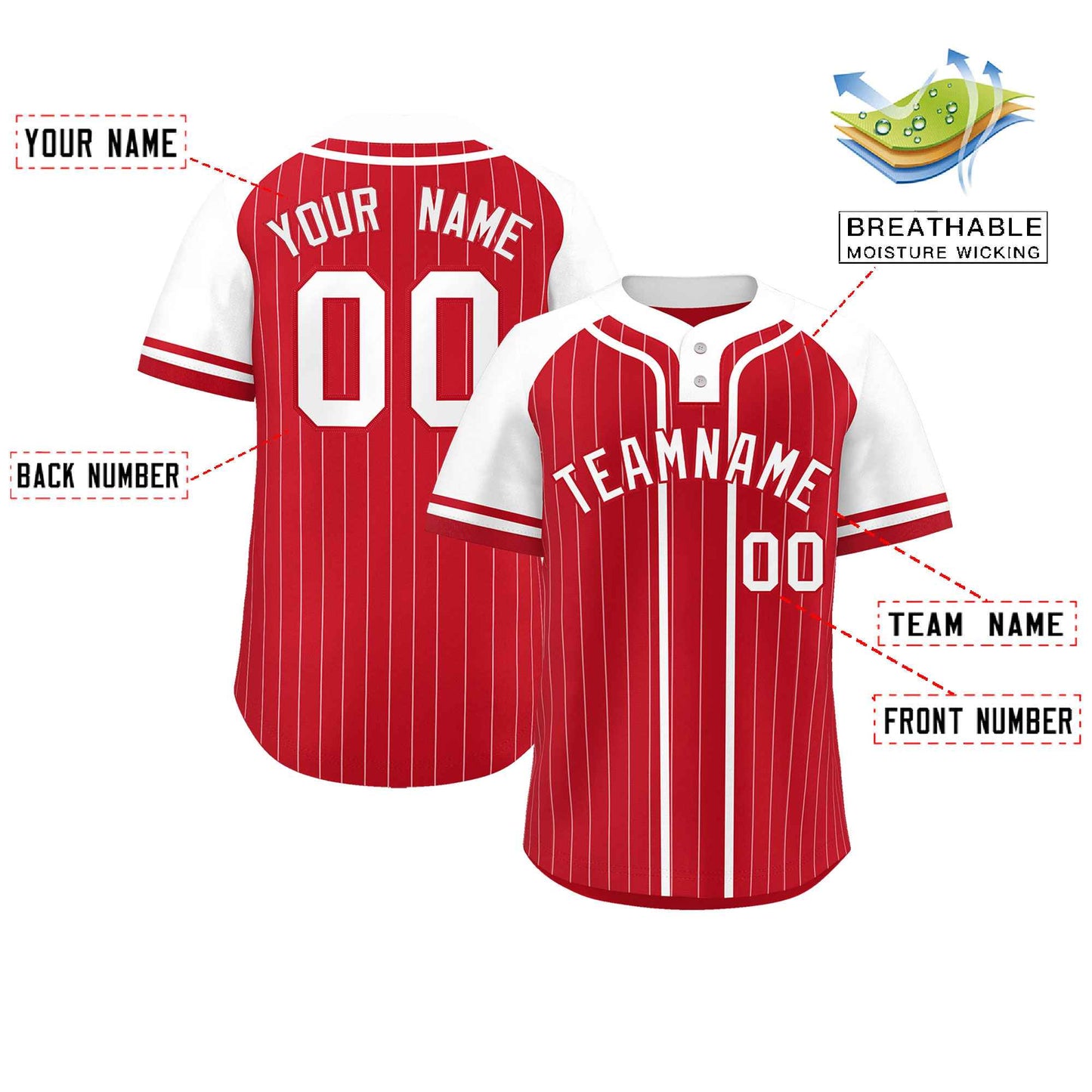 Custom Red White Stripe Fashion Raglan Sleeves Authentic Two-Button Baseball Jersey