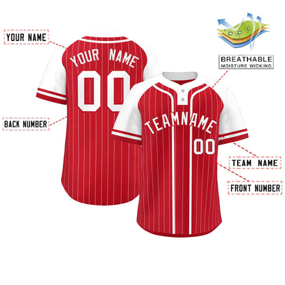 Custom Red White Stripe Fashion Raglan Sleeves Authentic Two-Button Baseball Jersey