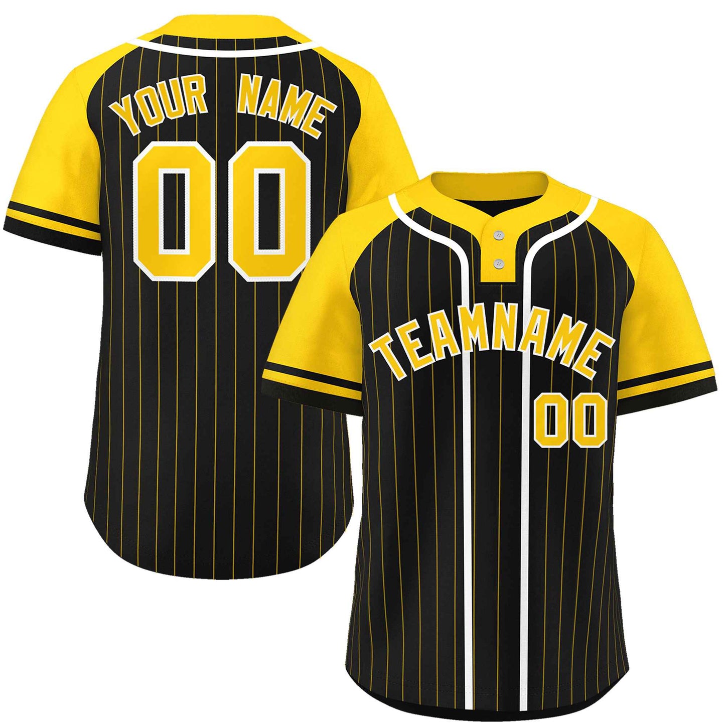 Custom Black Gold-White Stripe Fashion Raglan Sleeves Authentic Two-Button Baseball Jersey