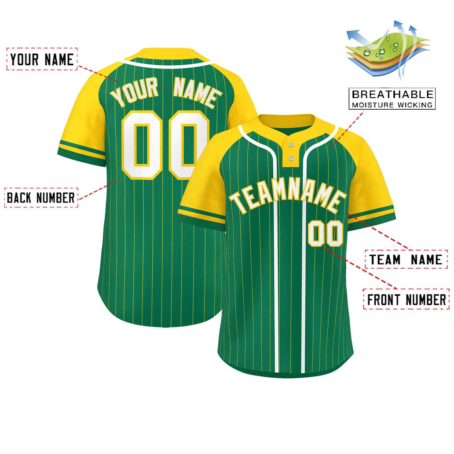 Custom Kelly Green Gold-White Stripe Fashion Raglan Sleeves Authentic Two-Button Baseball Jersey