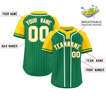 Custom Kelly Green Gold-White Stripe Fashion Raglan Sleeves Authentic Two-Button Baseball Jersey