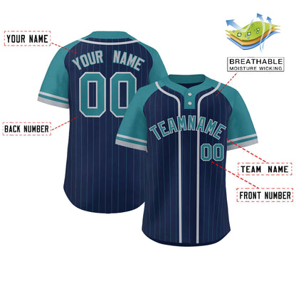 Custom Navy Aqua-Gray Stripe Fashion Raglan Sleeves Authentic Two-Button Baseball Jersey