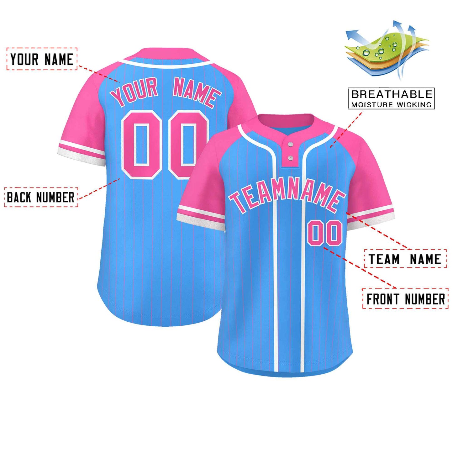 Custom Powder Blue Pink-White Stripe Fashion Raglan Sleeves Authentic Two-Button Baseball Jersey