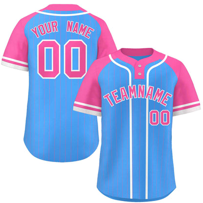 Custom Powder Blue Pink-White Stripe Fashion Raglan Sleeves Authentic Two-Button Baseball Jersey