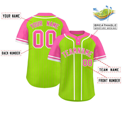 Custom Neon Green Pink-White Stripe Fashion Raglan Sleeves Authentic Two-Button Baseball Jersey