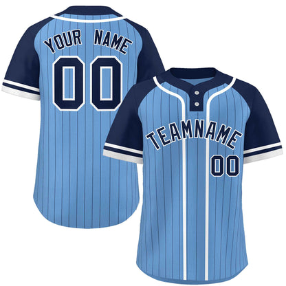 Custom Light Blue Navy-White Stripe Fashion Raglan Sleeves Authentic Two-Button Baseball Jersey